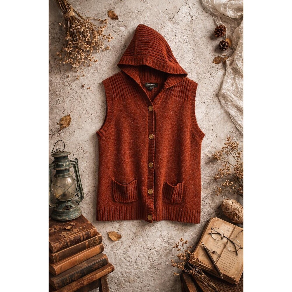 Eddie Bauer Hooded Sweater Vest Women's Rust Knit Cotton Blend Cottagecore